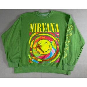 Y2K Nirvana‎ Smiley Face Tie Dye Graphic Sweatshirt Green Crewneck Mens grunge